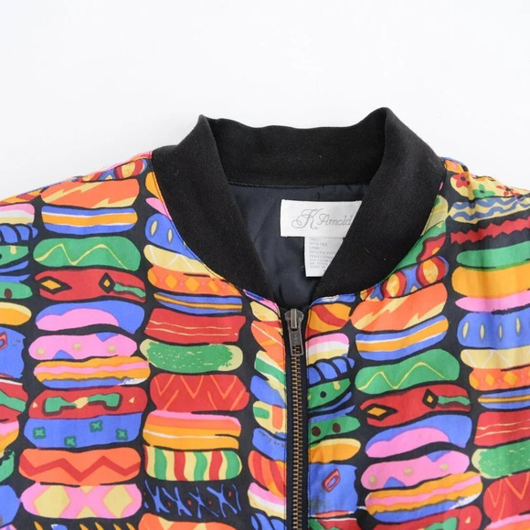 Vintage K Arnold 100% Silk Rainbow Pattern Bomber Jacket M - Picture 12 of 14